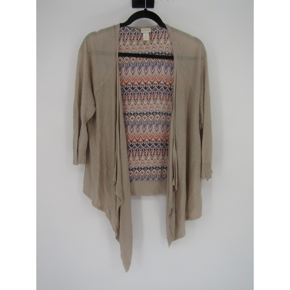 Chico's Cardigan Womens 2 L Tan Linen Blend Open Front Printed Back Panel Boho